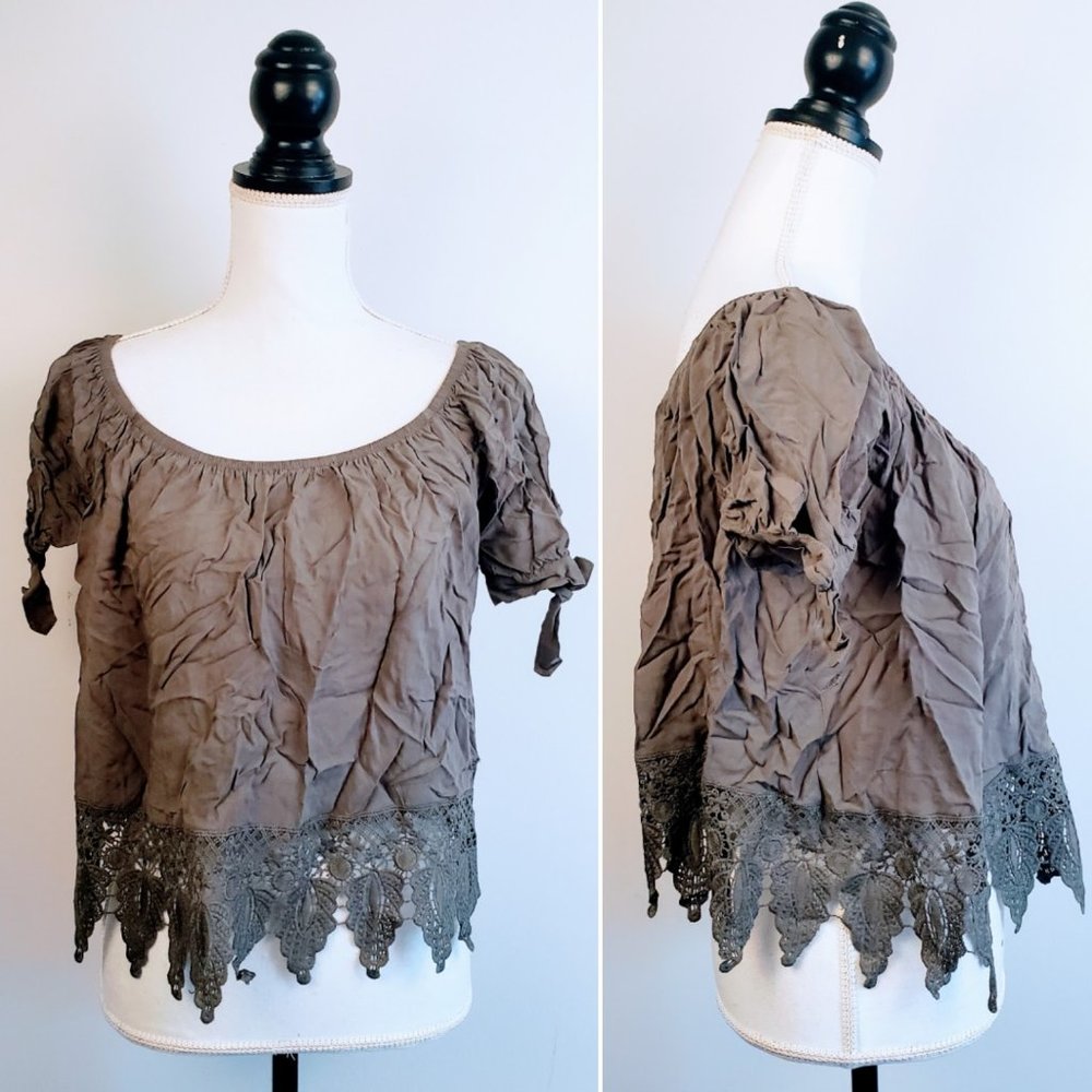 BONGO Cropped Top, Olive Green 100% Rayon Short Sleeve Lace Boho Casual, L